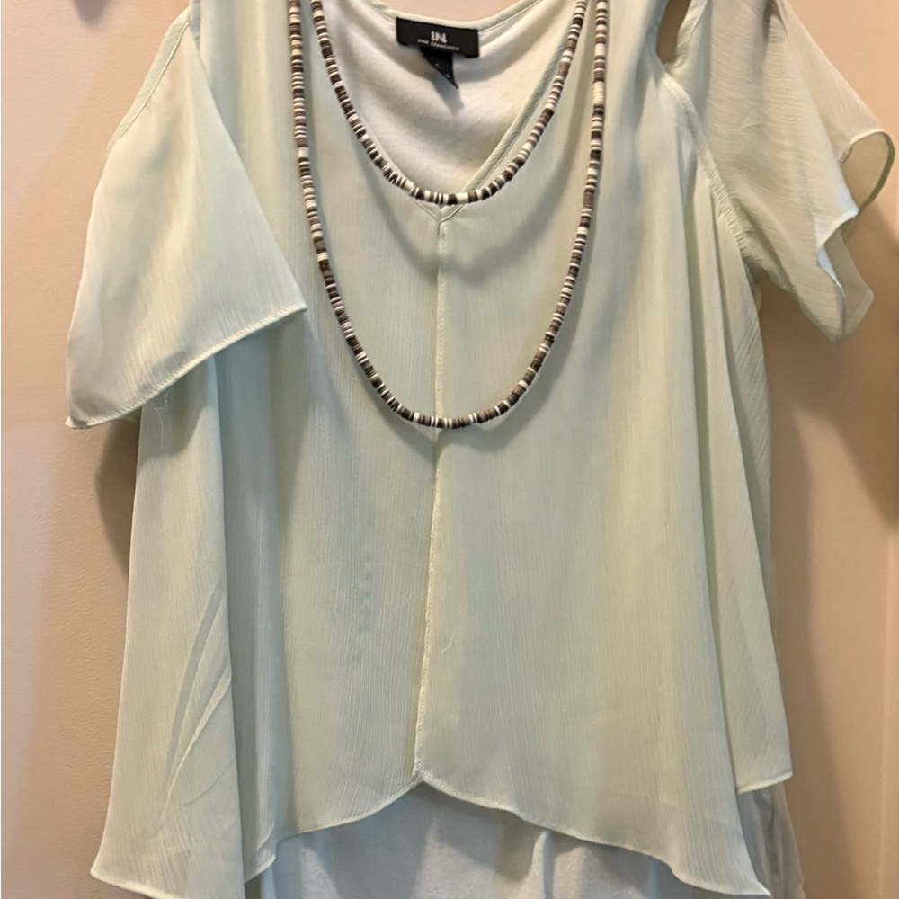 I.N. San Francisco Green Flutter Sleeve Asymmetrical Blouse
